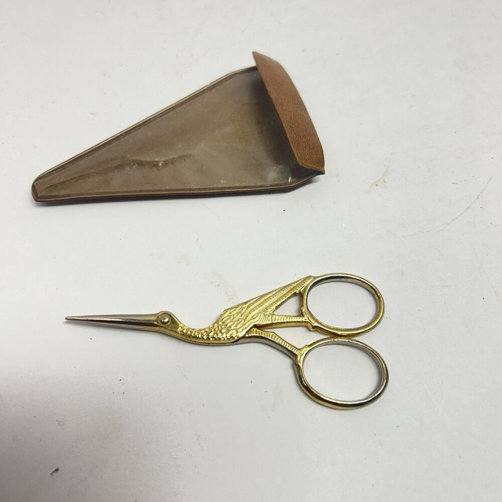 Vintage Gold Stork Embroidery Scissors Sewing Case Japan Crane Bird With Case